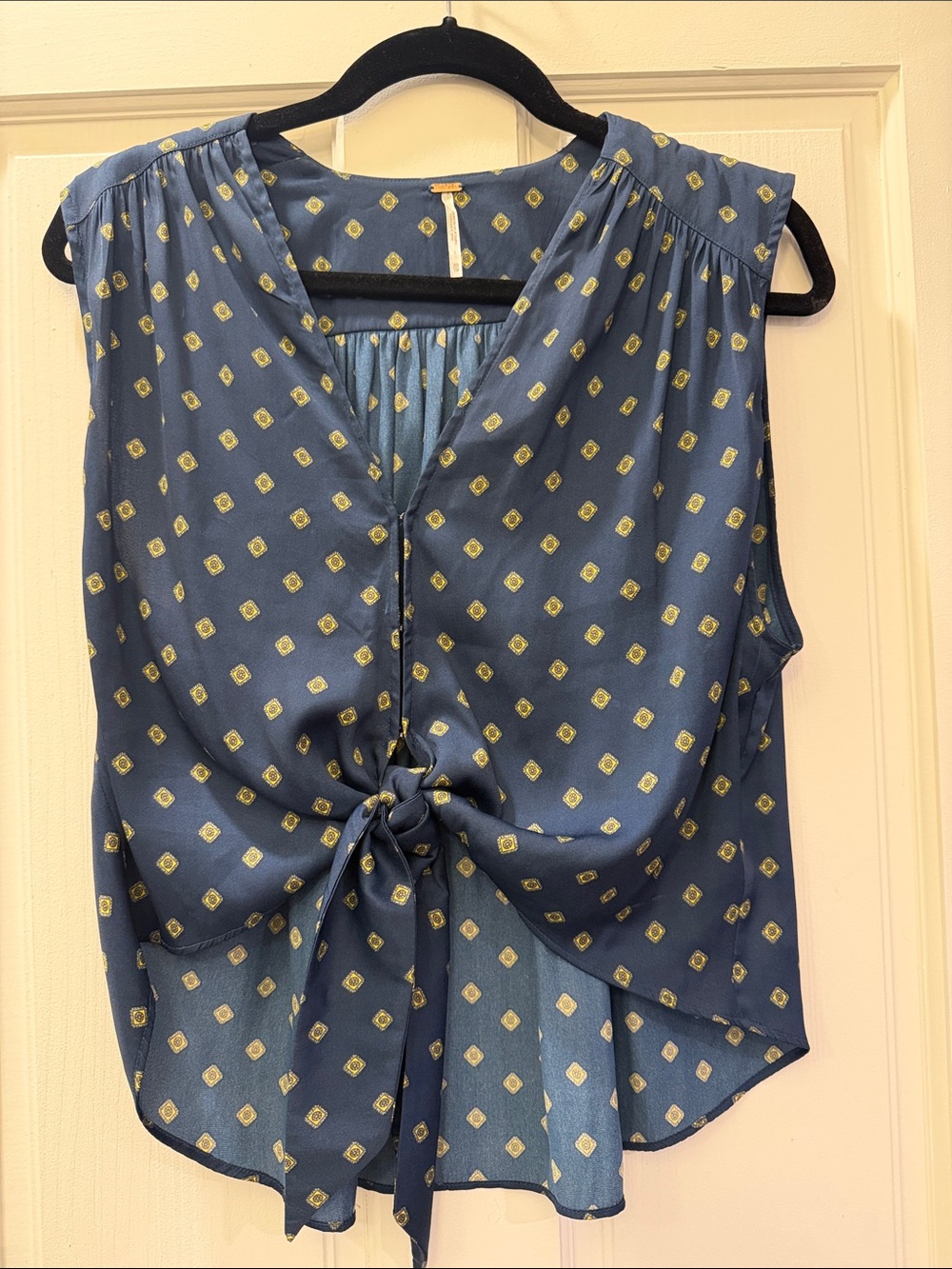 Free People Blue Sleeveless Tie-Front Camisole with Gold Motif